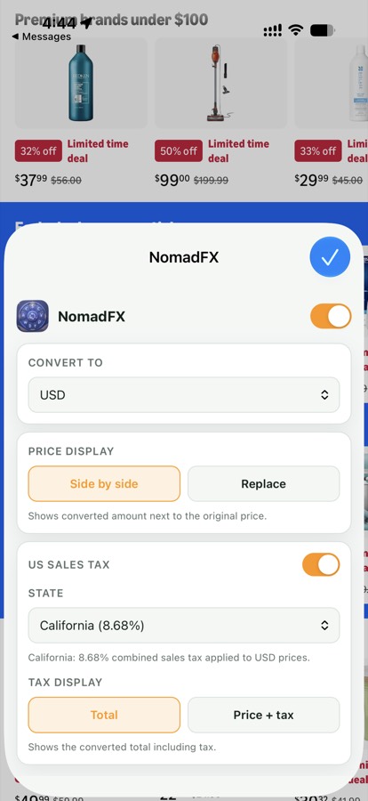 Safari extension settings